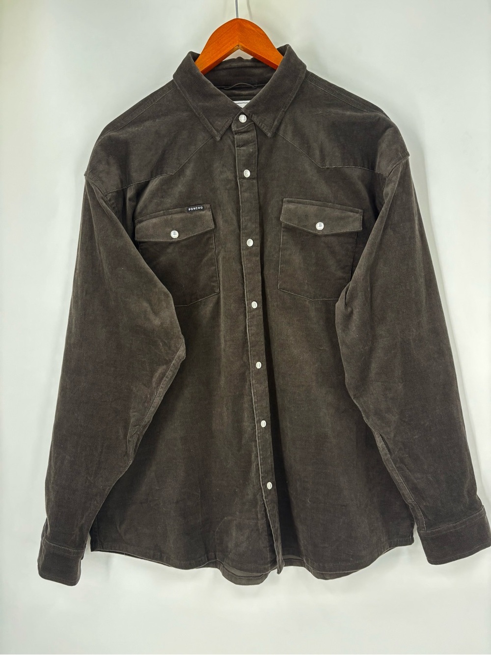 Poncho The Dusty Burro Shirt Gray/Brown Corduroy Pearl Snap Western XL